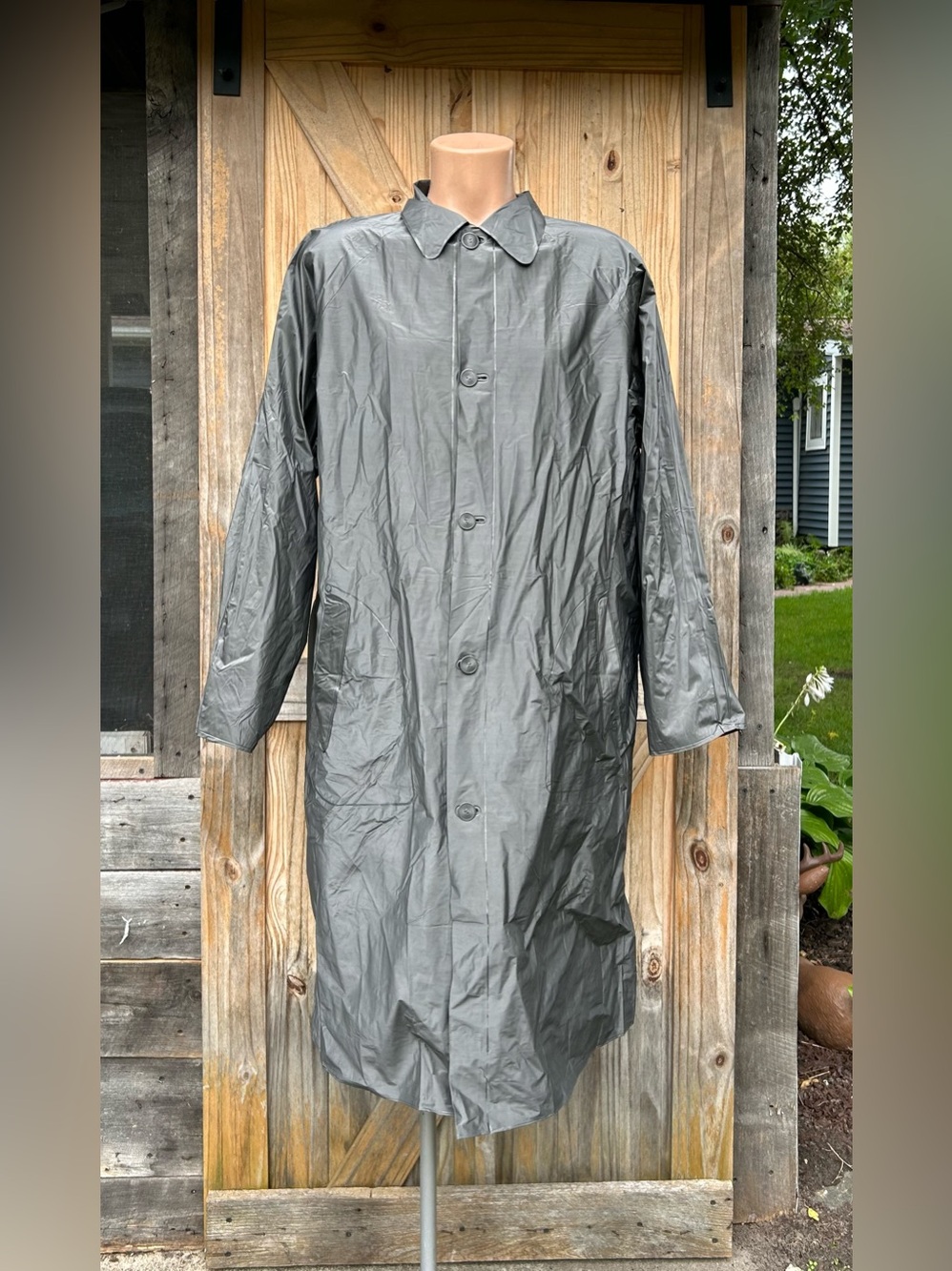 Vintage S.S. Kresge Mens Gray 100% Vinyl Trench Coat Raincoat~XL~